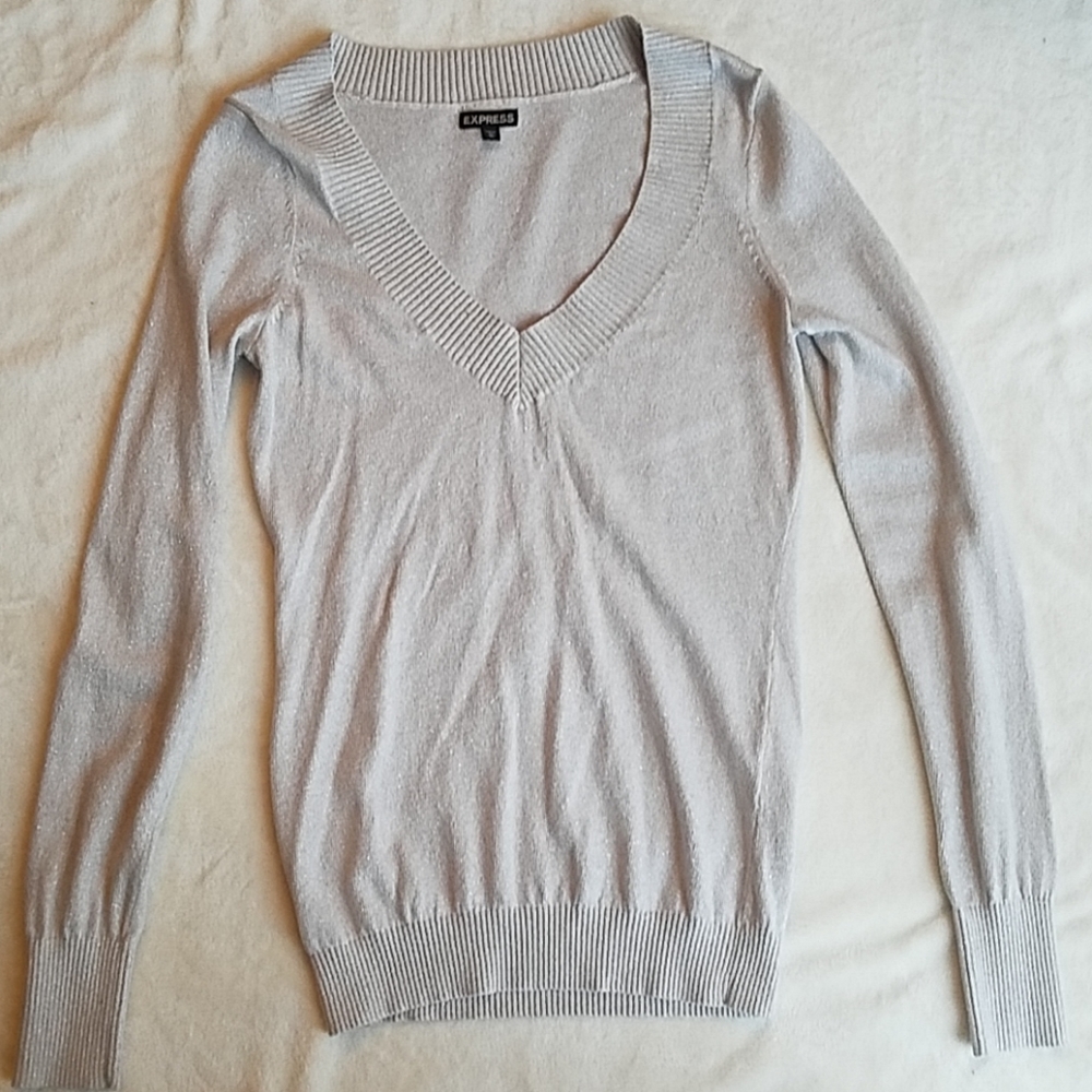 Express cream v-neck sweater with silver sparkles